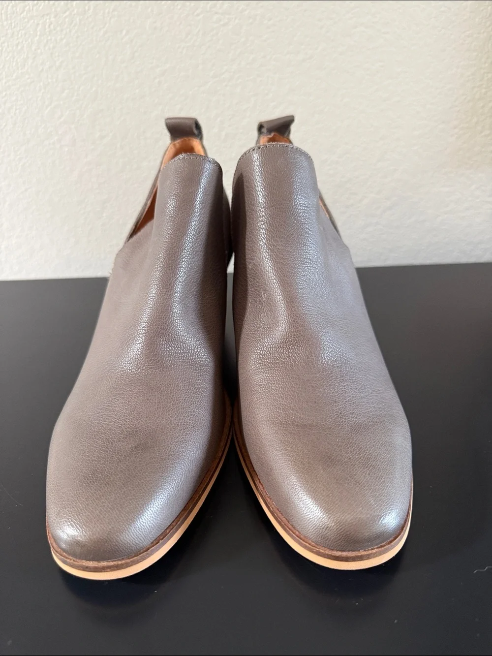 Lucky Brand Victorey Taupe Leather Ankle Booties with Stacked Heel